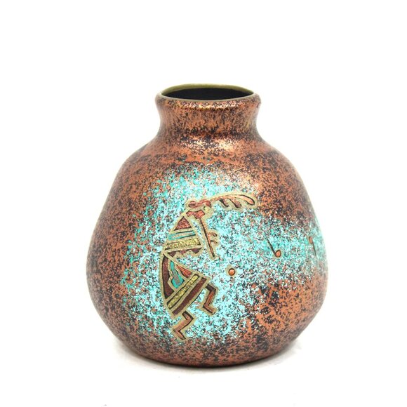 TEISSEDRE DESIGNS TURQUOISE BRONZE SPLATTER SPONGE POTTERY VASE KOKPELLI SIGNED - Picture 1 of 6